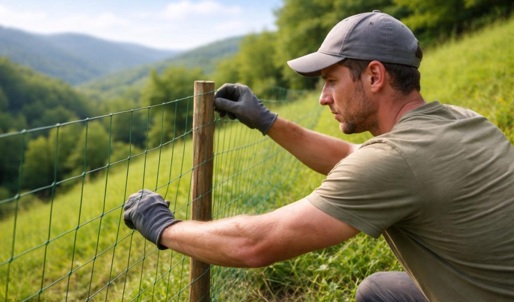 main-installant-grillage-terrain-pente