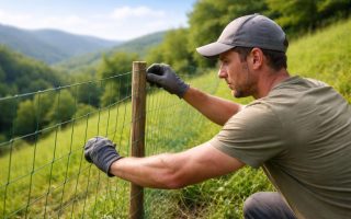 main-installant-grillage-terrain-pente