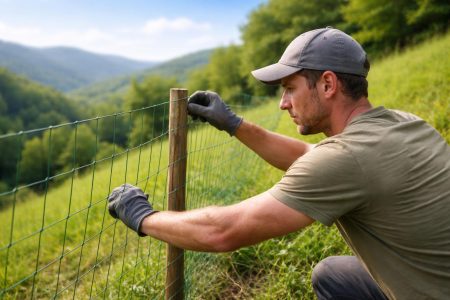 main-installant-grillage-terrain-pente