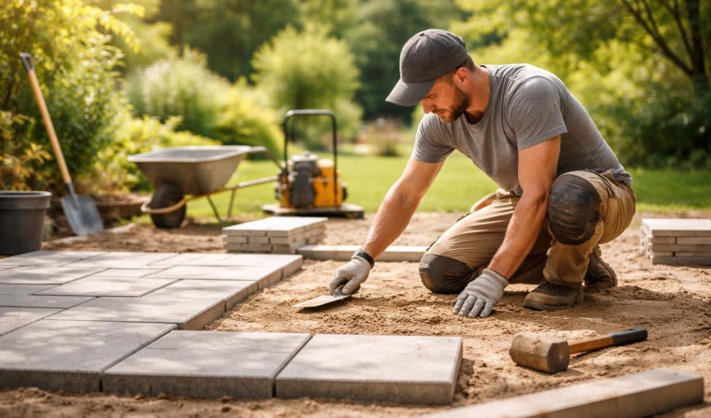 travailleur-jardin-terrasse-sable-dalles