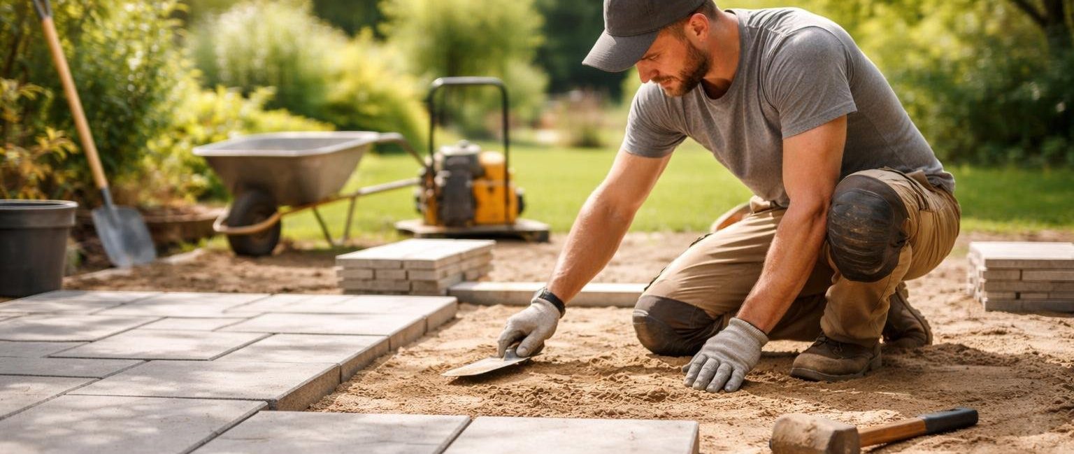 travailleur-jardin-terrasse-sable-dalles