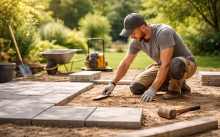 travailleur-jardin-terrasse-sable-dalles