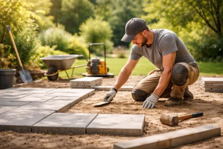 travailleur-jardin-terrasse-sable-dalles